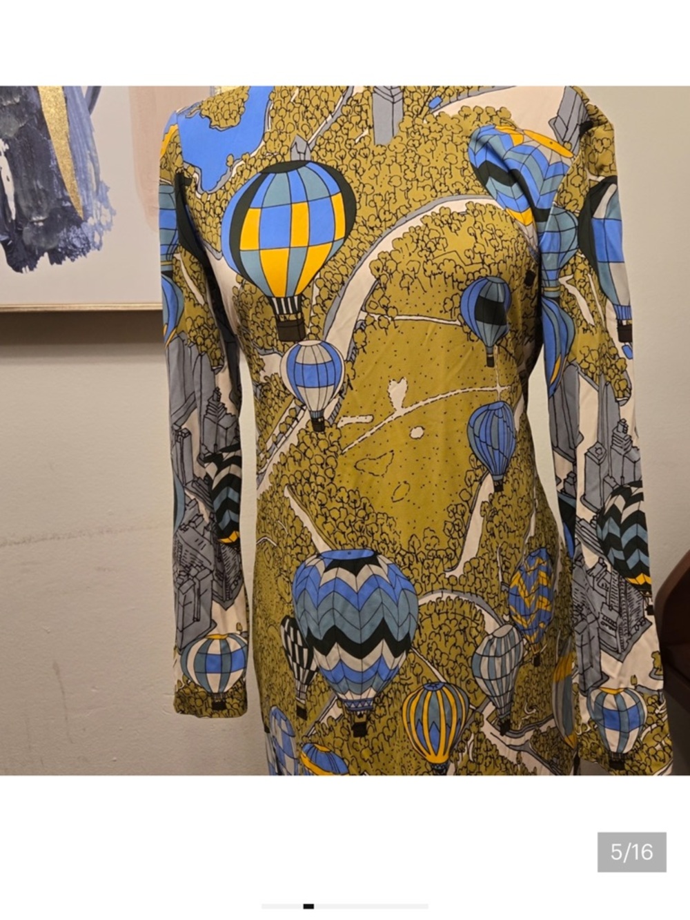 Tory Burch Olive Maxi Dress with Sky Blue & White Hot-Air Balloon Print - Picture 5 of 14